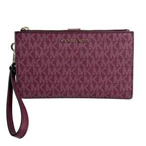 Michael Kors Jet Set Travel Double Zip Wristlet Plum Signature Logo Wallet
